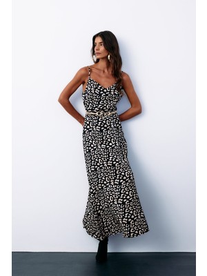 Askılı Leopar Desenli Saten Elbise - Siyah