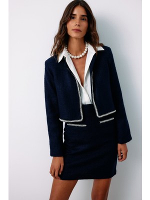 Aksesuar Detaylı Tüvit Ceket - Lacivert