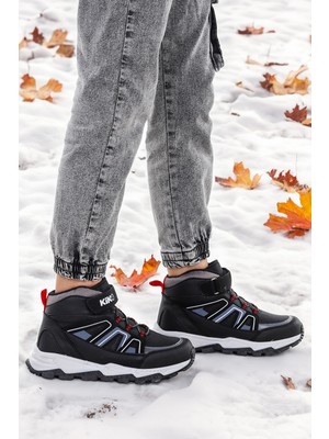 Kiko Kids Kcal Termo Taban Cırtlı Spor Bot Ayakkabı Mikrofiber Siyah - Beyaz Rahat Taban