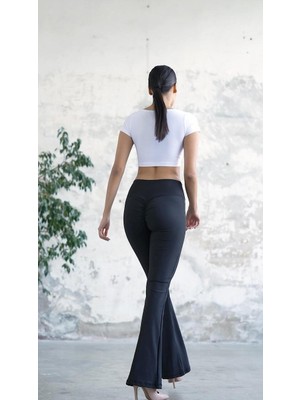 Lismina Siyah Arkası Büzgülü ( Scrunch Butt ) Çapraz Bel Tasarımlı Ispanyol Paça Tayt