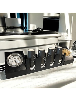 Decorelax 4 Bölmeli Karton Bardaklık ve 2' Li Tek Yuvalı Karistirici ve Şeker Endüstriyel Mutfak Kahve Aksesuar Düzenleyici Siyah Çok Bölmeli Kafe/ofis Kahve Standı