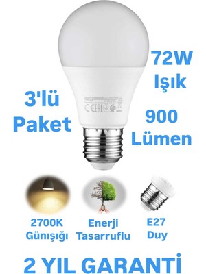 9W LED Ampul Günışığı E27 Duy 900 Lümen LED Lamba 2700 Kelvin