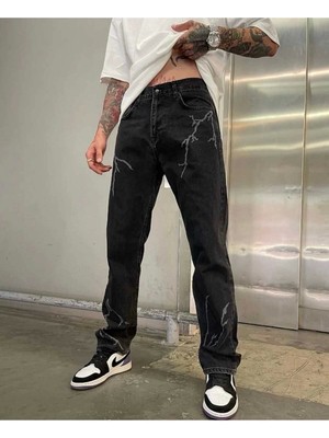 Baggy Şimşek/yıldırım Desenli Jeans Kot Pantolon Koyu Gri Oversize Salaş Sokak Stili Denim