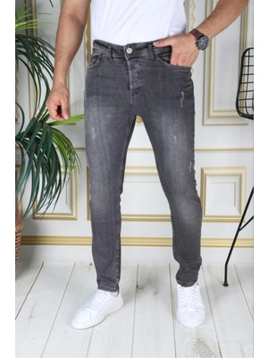 Erkek Füme/gri Regular Fit Likralı Kot Pantolon Fermuarlı Esnek Denim Phantom Jeans