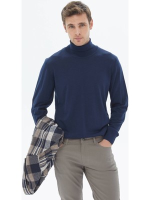 Kip İndigo Tam Balıkçı Yaka Düz Örgü Yün Karışımlı Triko Kazak