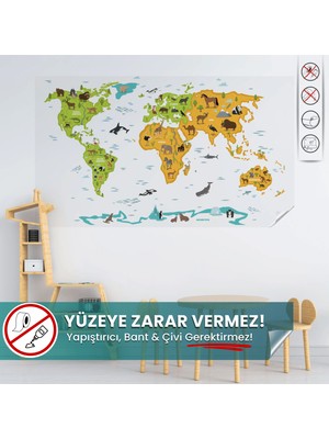 Pi Papers Şeffaf Renkli Hayvanlı Dünya Haritası, Yapışkansız, Elektrostatik Özellikli Akıllı Kağıt Harita