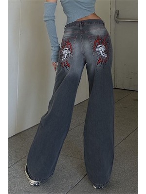 Köstebek Gri Double Fire Skull Streetwear Yıkamalı Jean Pantolon