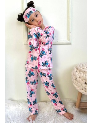 Yeni Sezon Kız Çocuk Karakter Baskı Desen Renkli Düğmeli Pijama Takımı Göz / Uyku Bandı