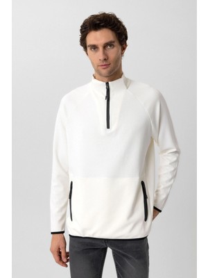 Süvari Fermuarlı Yaka Modal Kumaş Esnek Beyaz Erkek Sweatshirt