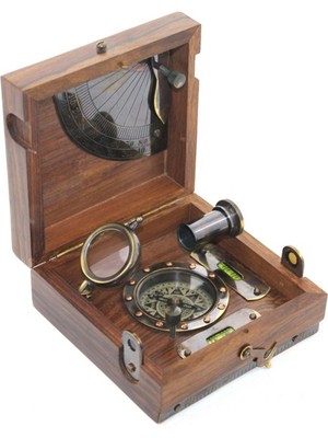 Keyfim Shop Dekoratif Ahşap Kutulu Pirinç Pusula 12*5 cm