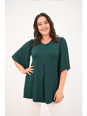 Kadın Büyük Beden Pileli V Yaka Bluz 1847-25