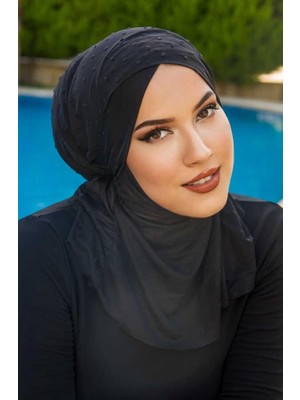 Siyah Hijab Çapraz Bantlı Havuz ve Deniz Bonesi