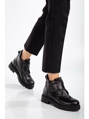 Analin Shoes Kadın  Deri Cırtlı Kolay Giyim Günlük Bot - Siyah