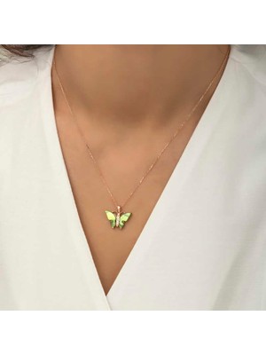 Usho Jewelry Gümüş Rose Yeşil Kaplangözü Taşlı Kelebek Kolye