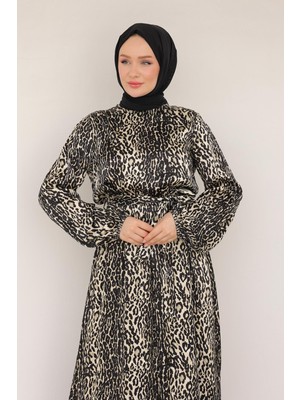 Armine Trend Leopar Desenli Beli Kemerli Elbise Siyah 24KT904