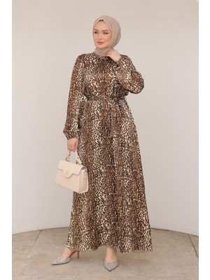 Armine Trend Leopar Desenli Beli Kemerli Elbise Kahverengi 24KT904