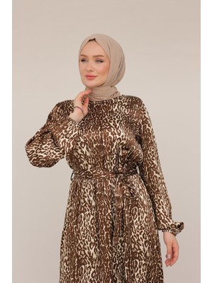 Armine Trend Leopar Desenli Beli Kemerli Elbise Kahverengi 24KT904