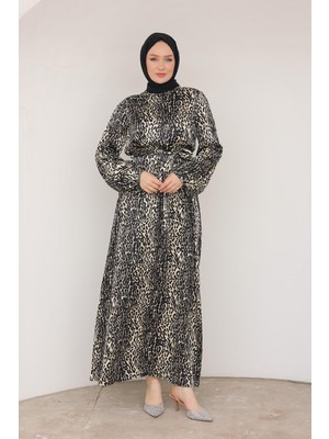 Armine Trend Leopar Desenli Beli Kemerli Elbise Siyah 24KT904