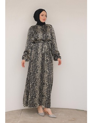 Armine Trend Leopar Desenli Beli Kemerli Elbise Siyah 24KT904