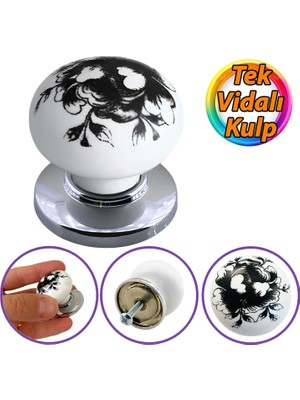 Glaswen Siyah Gül Desenli Beyaz Polimer Düğme Kulp Krom Tablalı Mobilya Mutfak Dolabı Çekmece Kulbu Kulpları
