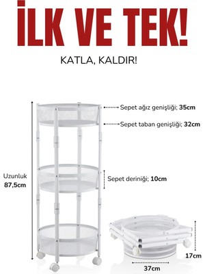 Doremcy 3 Katlı Pratik Katlanır Metal Renk Tekerlekli Sepet Patates Soğanlık - Çok Amaçlı Organizer