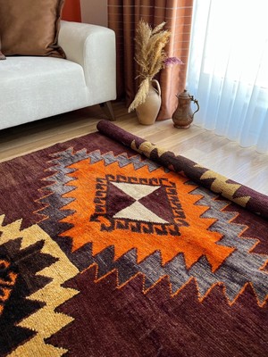 DesignEv 137X150 cm El Dokuma Geometrik Desenli Kilim  Ev  Yün Kilim