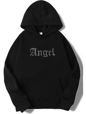 BRZ Collection Unisex Oversize Siyah Taşlı Angel Hoodie Uzun Kol Grafik Desenli