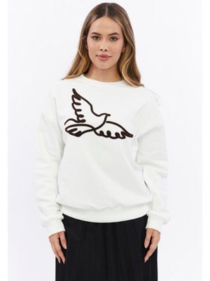 Kaf Kumaş Kadife Kuş Desenli Şardonlu (Içi Polarlı) Ekru Regular Fit Bisiklet Yaka Kadın Sweatshirt