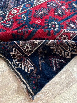 DesignEv 108X203 cm Lacivert Kırmızı Tribal Desenli El Dokuma Nostaljik Kilim