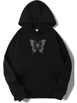 BRZ Collection Unisex Siyah Oversize Taşlı Kelebek Hoodie Uzun Kol Özel Tasarım