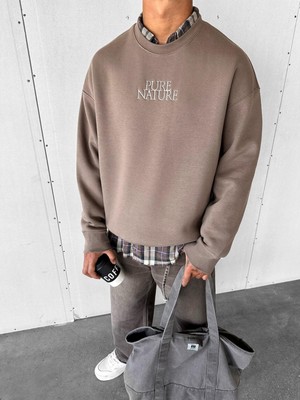 Abluka Online Erkek Oversize Yuvarlak Yaka Nakışlı  Sweatshirt Kahverengi