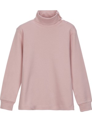 Pudra Pembe Basic Kız Çocuk Çıtçıtlı Tam Balıkçı Yaka Şardonlu Kışlık Uzun Kollu Tişört