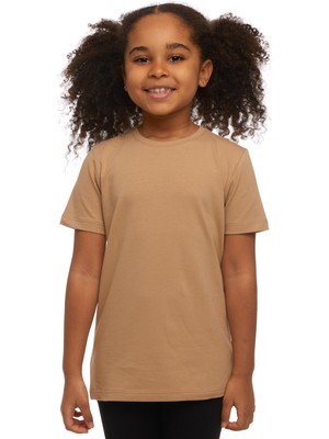Sütlü Kahve Basic Unisex Çocuk Sıfır Yaka Kısa Kollu Tişört