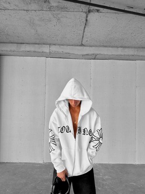 Erkek Oversize Baskılı Kanguru Cepli Fermuarlı Hoodie Beyaz