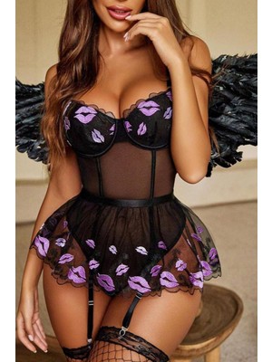 Voes Siyah Desenli Tasarım Babydoll 16535