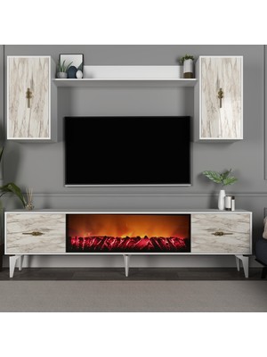 Demonte Decor Sinta 180 cm Şömineli (B) Tv Ünitesi Takımı Beyaz-Efesmermer