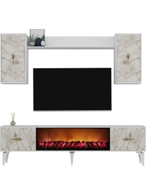 Demonte Decor Sinta 180 cm Şömineli (B) Tv Ünitesi Takımı Beyaz-Efesmermer