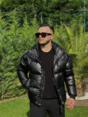 Kingaf 2024 Sonbahar-Kış Sezonu Erkek Siyah Parlak Deri Mont Kapüşonlu ve Su İtici Özellikte