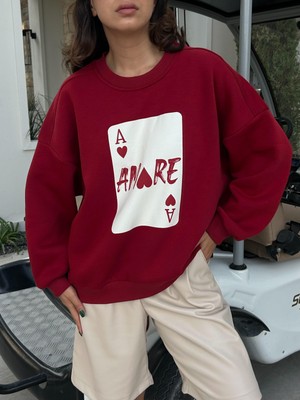 Minaaise Kadın Bordo Baskılı Şardonlu 3 Iplik Pamuk Sweatshirt 28059