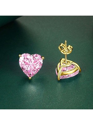 SE Jewellery Gold Pembe Zirkon Taşlı Kalp Kesim Tek Taş Küpe