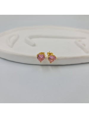 SE Jewellery Gold Pembe Zirkon Taşlı Kalp Kesim Tek Taş Küpe