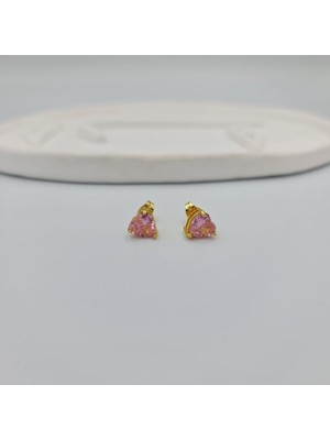 SE Jewellery Gold Pembe Zirkon Taşlı Kalp Kesim Tek Taş Küpe