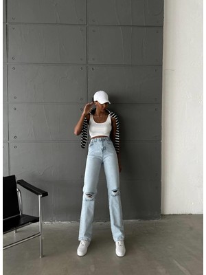 Yırtık Detaylı Açık Mavi Wide Leg Jeans