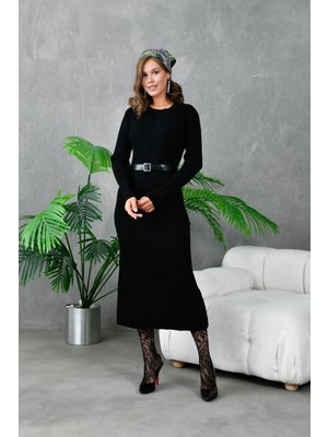 Kadın Bisiklet Yaka Kemer Detaylı Uzun Triko Elbise