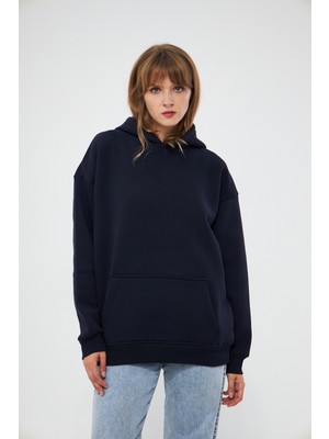 Unisex Lacivert Basic Sweatshirt Hoodie %100 Pamuklu