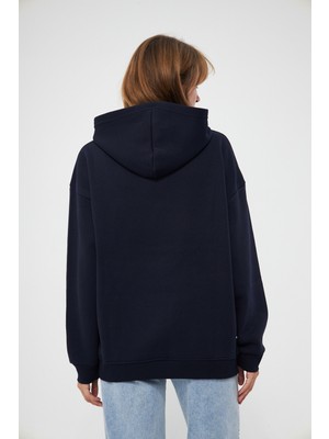 Unisex Lacivert Basic Sweatshirt Hoodie %100 Pamuklu