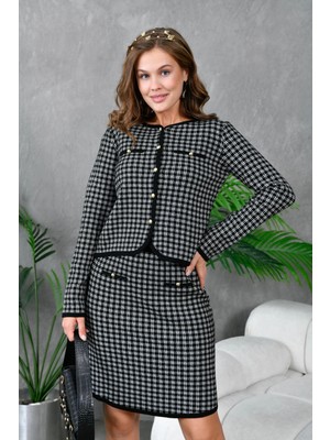 Kadın Ekose Desen Etekli Ikili Triko Takım