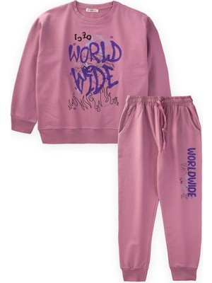 Cigit World Wide Baskılı Sweatshirt Takım 9-14 Yaş Gül Kurusu