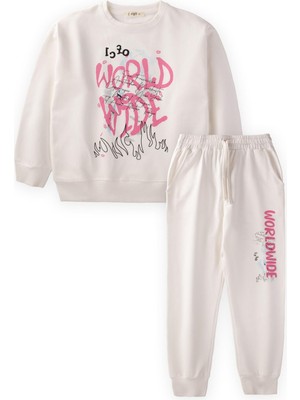 Cigit World Wide Baskılı Sweatshirt Takım 9-14 Yaş Ekru