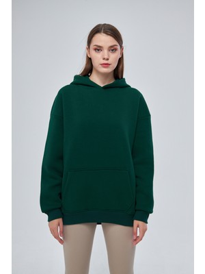 Unisex Koyu Yeşil Basic Sweatshirt Hoodie %100 Pamuklu